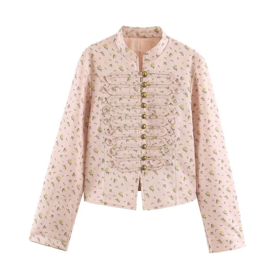 Damen Cropped Satin-Jacke im Militärstil mit dekorativem Froschbesatz Nord Taschen