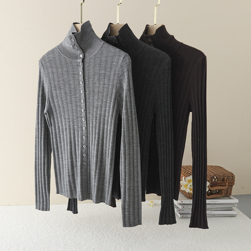 Damen Schmaler Rippen-Longsleeve-Cardigan mit verdeckter Knopfleiste und Stehkragen Nord Taschen