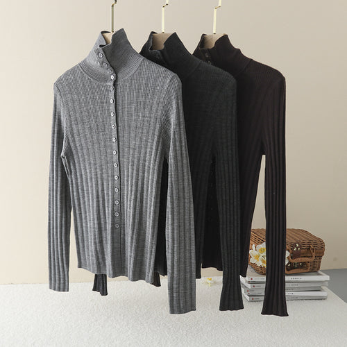 Damen Schmaler Rippen-Longsleeve-Cardigan mit verdeckter Knopfleiste und Stehkragen Nord Taschen