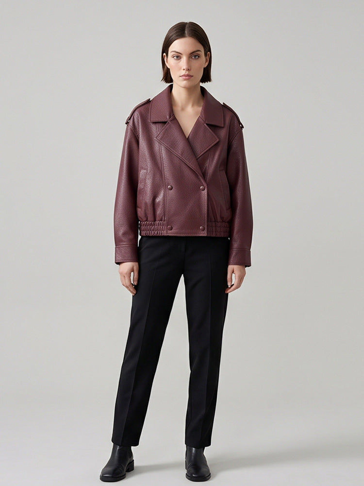 Damen Boxy-Lederimitat-Blouson mit strukturierter Narbung, doppelreihiger Knopfleiste & elastischem Saum Nord Taschen