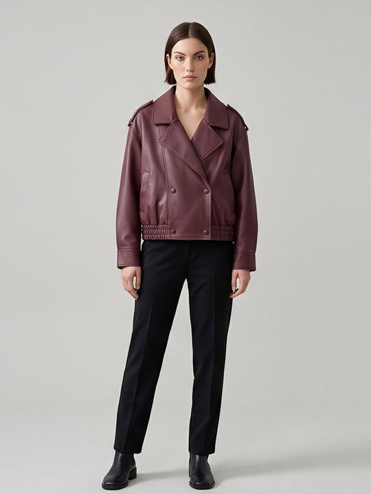 Damen Boxy-Lederimitat-Blouson mit strukturierter Narbung, doppelreihiger Knopfleiste & elastischem Saum Nord Taschen