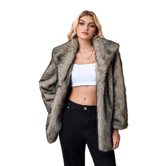 Damen Kurzer Faux‑Fur‑Mantel mit weitem Schalkragen, offener Front und Eingrifftaschen Nord Taschen