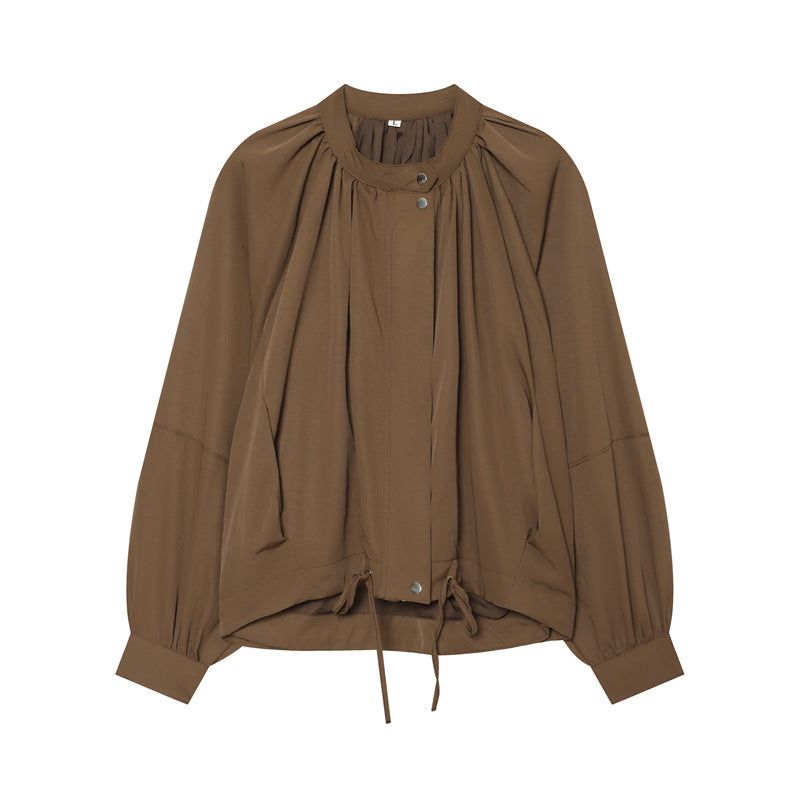 Damen Leichte Blouson-Jacke mit gerafftem Stehkragen, Ballonärmeln und Tunnelzug Nord Taschen