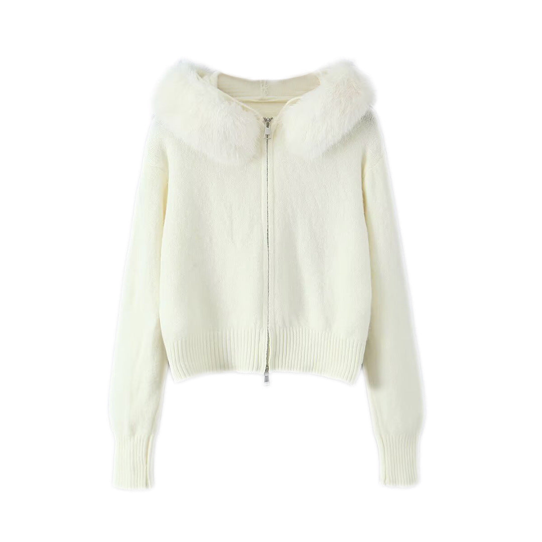 Damen Kurzgeschnittene Strickjacke mit Reißverschluss und abnehmbarem Kunstfellkragen Nord Taschen