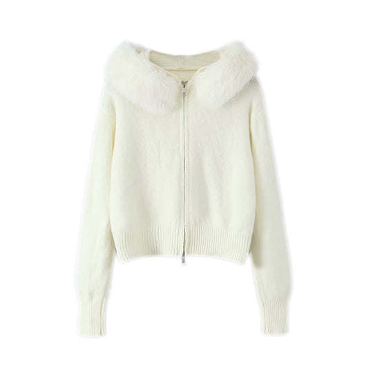 Damen Kurzgeschnittene Strickjacke mit Reißverschluss und abnehmbarem Kunstfellkragen Nord Taschen