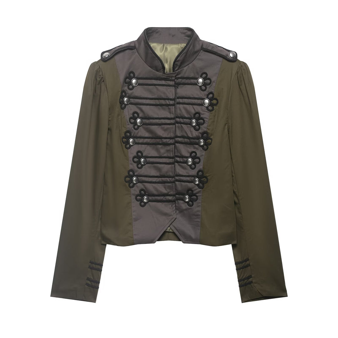 Damen Militärinspirierte Kurzjacke mit Zierkordeln, Stehkragen und Epauletten Nord Taschen