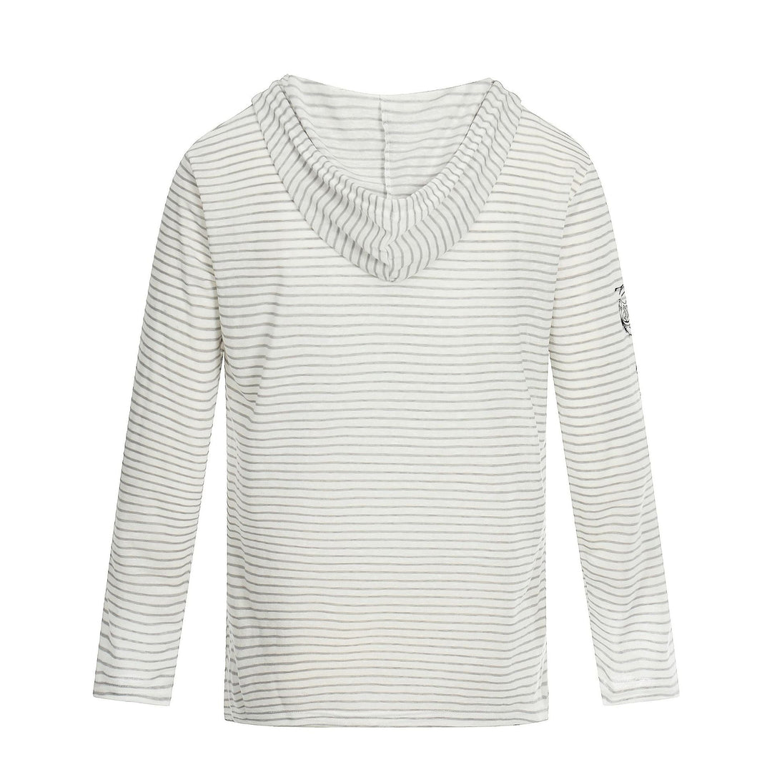 Damen Leichtes Kapuzen-Longsleeve mit V-Ausschnitt, Streifenmuster und Vintage-Print Nord Taschen