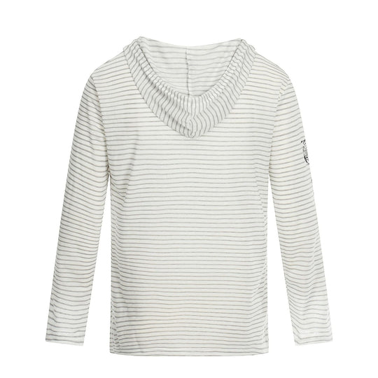 Damen Leichtes Kapuzen-Longsleeve mit V-Ausschnitt, Streifenmuster und Vintage-Print Nord Taschen