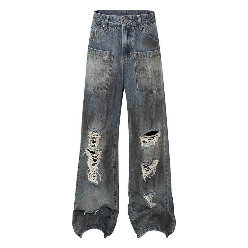 Damen Weite High‑Waist Destroyed Denim‑Palazzo‑Jeans mit aufgesetzten Taschen Nord Taschen