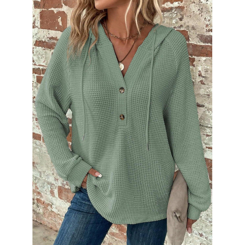 Damen Waffelstrick-Hoodie mit Henley-Knopfleiste und Oversize-Schnitt Nord Taschen