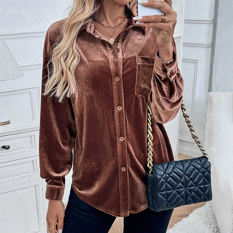 Damen Elegante Samt Bluse mit Knopfdetails Nord Taschen