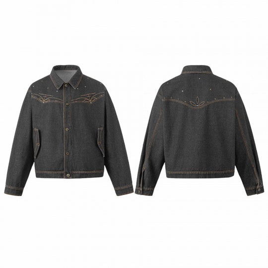Unisex Oversize Jeansjacke im Boxy-Schnitt mit Westernstickerei und Pattentaschen Nord Taschen