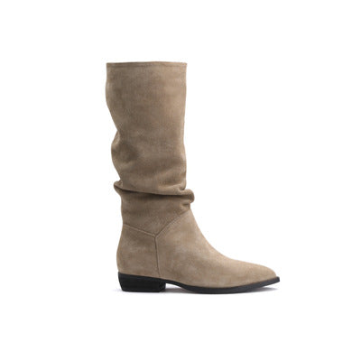 Damen Wadenhohe Stiefel aus Veloursleder mit lässigen Schaftfalten und flachem Absatz Nord Taschen