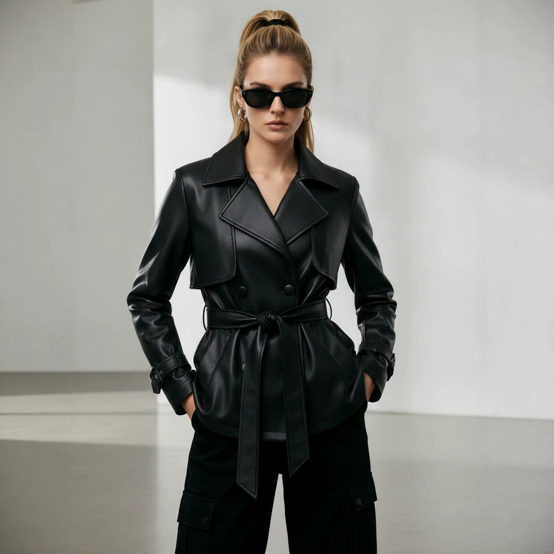 Damen Kurztrench aus Lederoptik mit doppelreihiger Knopfleiste und Taillengürtel Nord Taschen