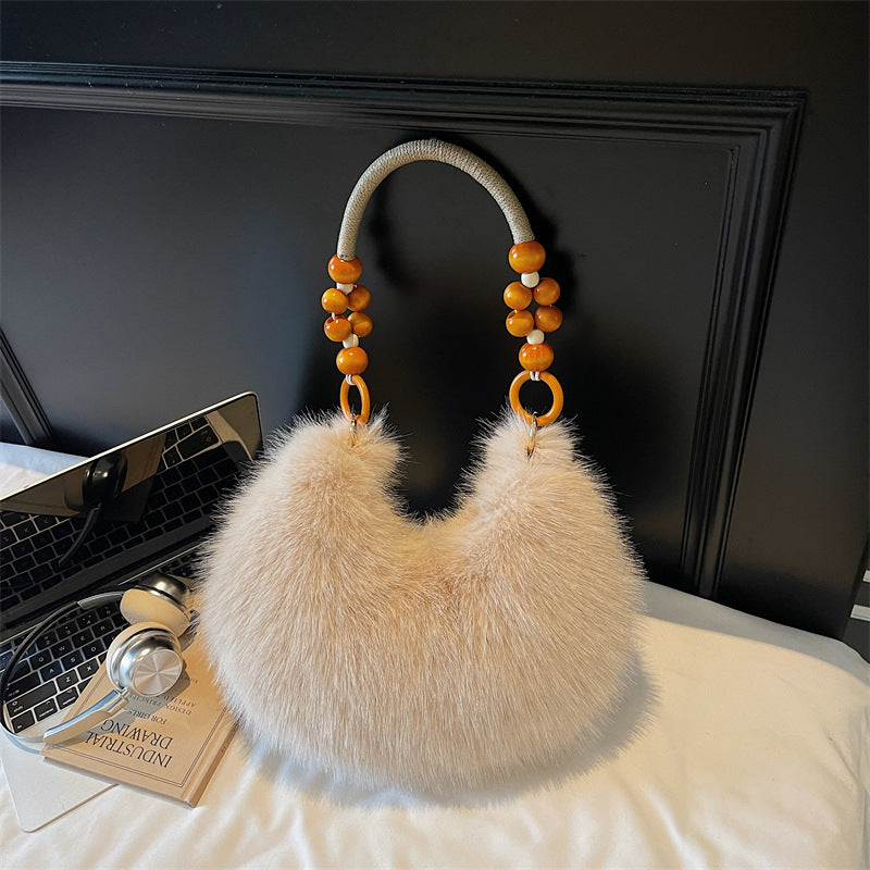 Damen Plüsch-Handtasche mit eleganten Holzgriffen Nord Taschen