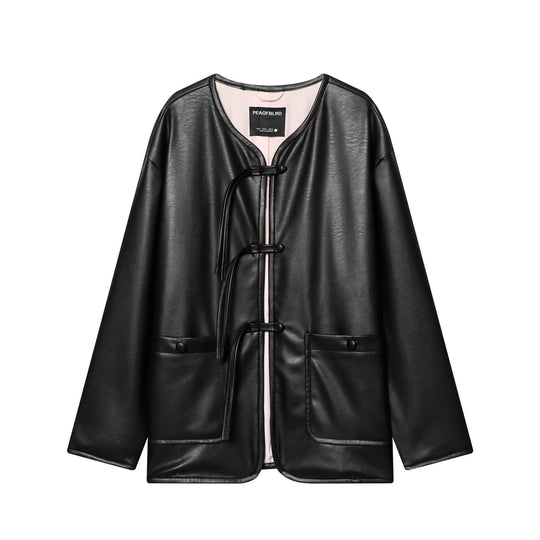 Damen Oversize Kunstlederjacke mit Kordel-Knotenverschluss und aufgesetzten Taschen Nord Taschen