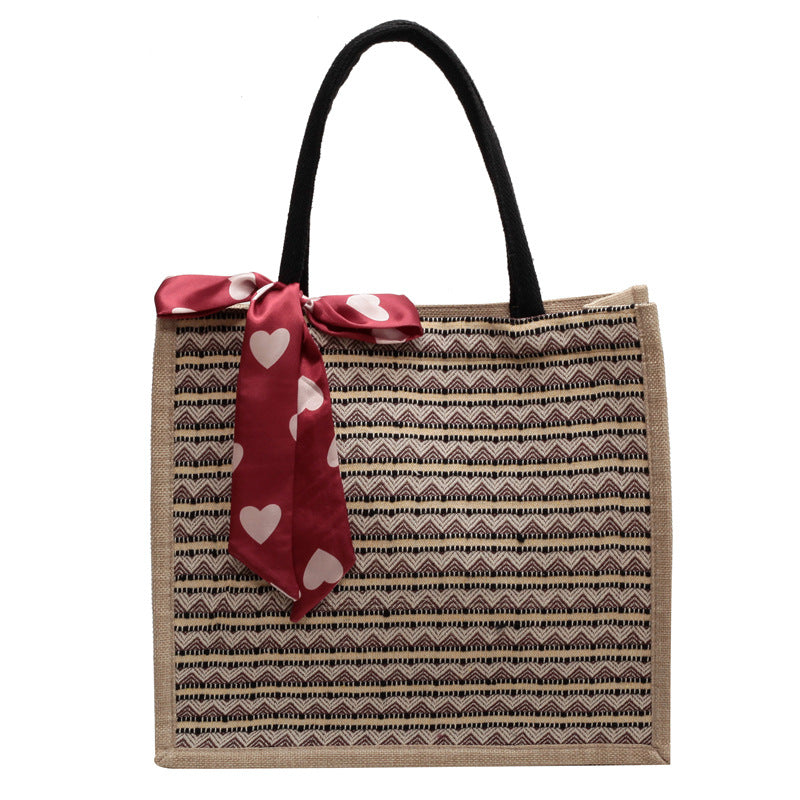 Damen Jute-Tasche mit buntem Muster und eleganter Schleife Nord Taschen