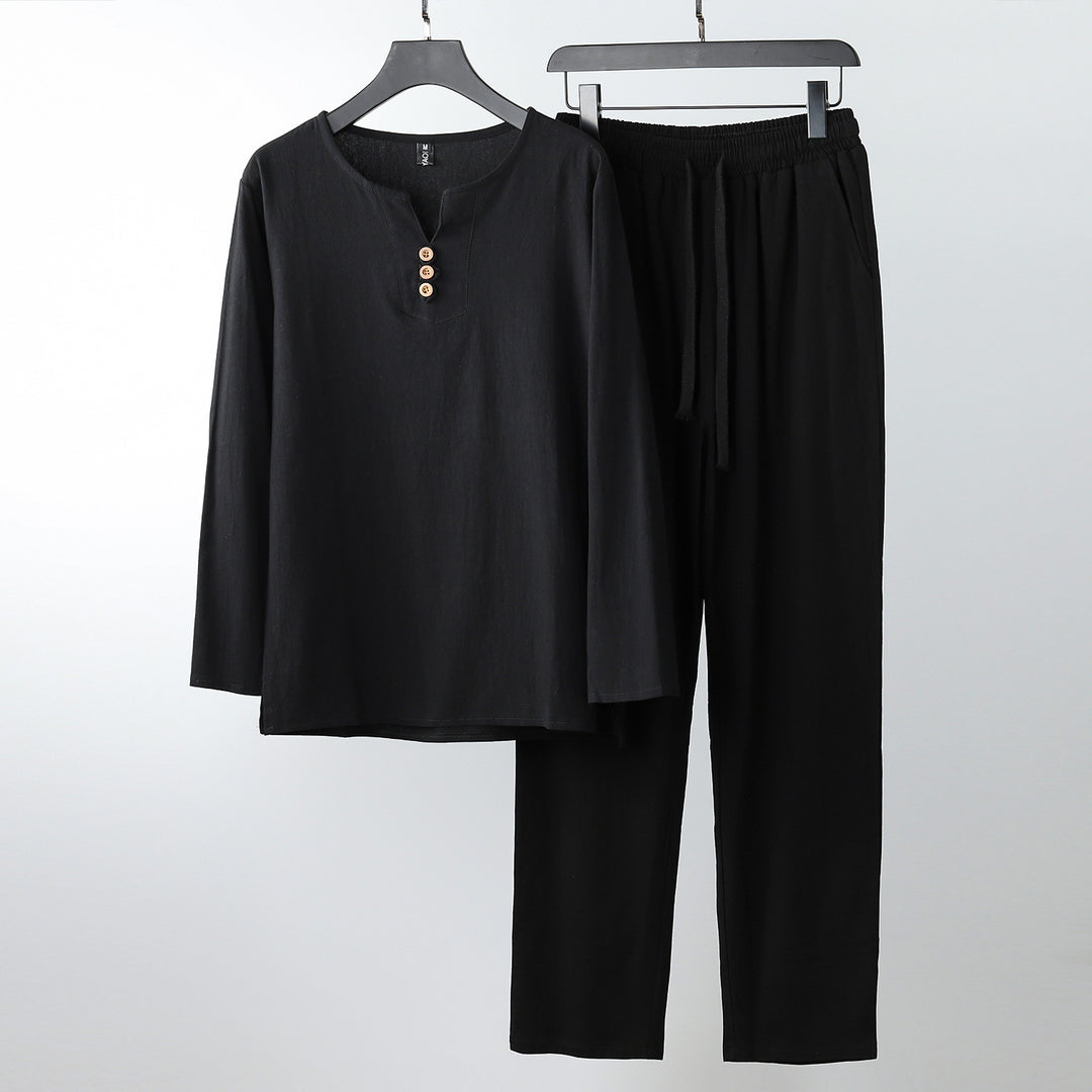 Damen Komfortables Baumwoll-Loungewear-Set mit Henley-Ausschnitt und Kordelbundhose Nord Taschen