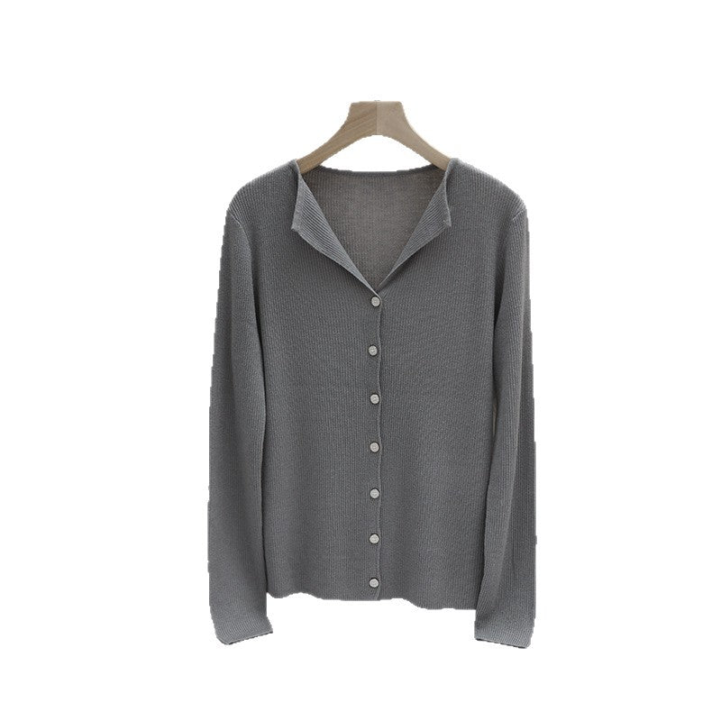 Damen Leichter Feinstrick-Cardigan mit offenem Hemdkragen und schimmernder Knopfleiste Nord Taschen