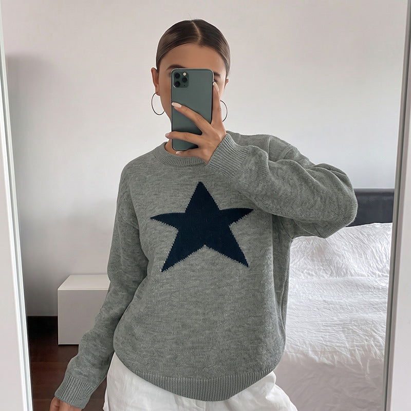 Damen Relaxed-Strickpullover mit Stern-Intarsie, Rundhalsausschnitt & lässigem Sitz Nord Taschen