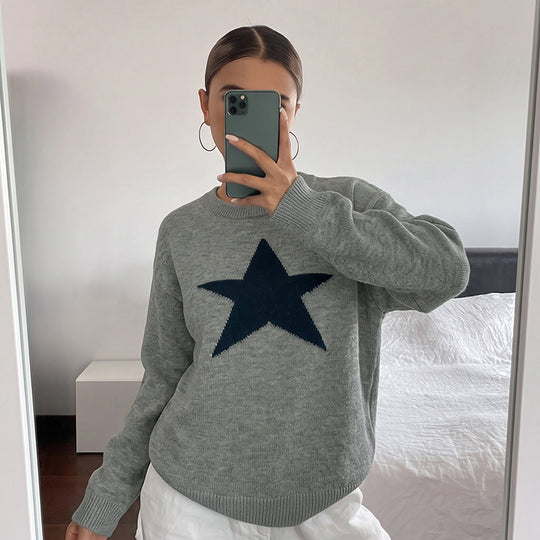 Damen Relaxed-Strickpullover mit Stern-Intarsie, Rundhalsausschnitt & lässigem Sitz Nord Taschen