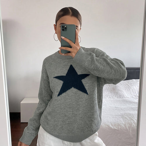 Damen Relaxed-Strickpullover mit Stern-Intarsie, Rundhalsausschnitt & lässigem Sitz Nord Taschen