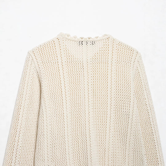 Damen Leichter Häkel-Cardigan mit Lochmuster, Scallop-Saum und kastiger Silhouette Nord Taschen