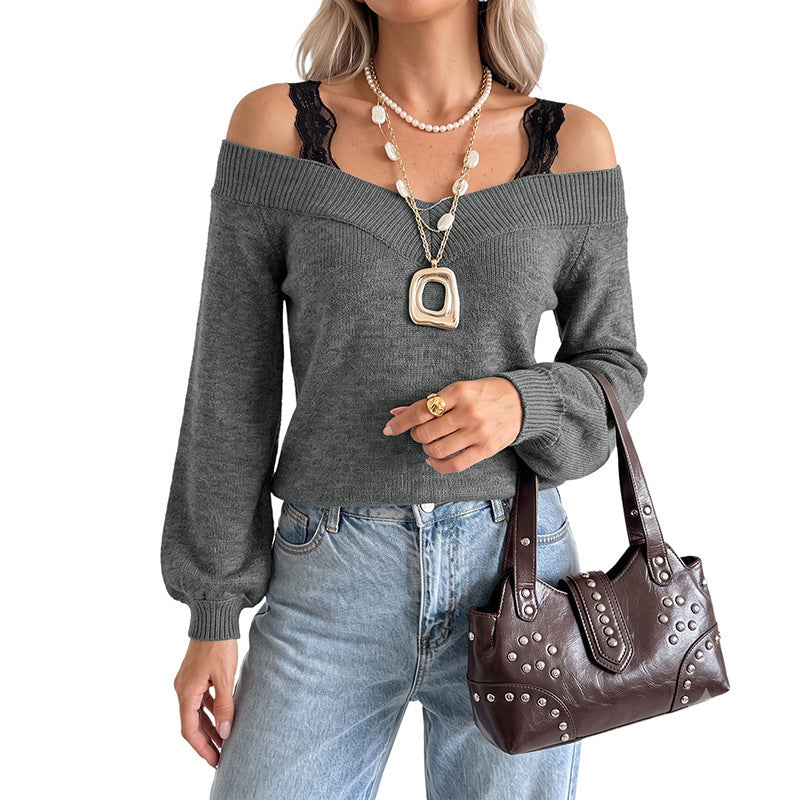 Damen Off-Shoulder V‑Ausschnitt Feinstrickpullover mit Spitzen‑Träger‑Optik und Ballonärmeln Nord Taschen
