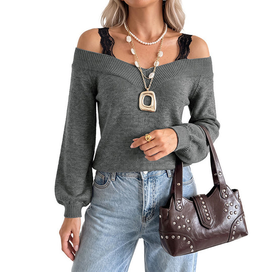 Damen Off-Shoulder V‑Ausschnitt Feinstrickpullover mit Spitzen‑Träger‑Optik und Ballonärmeln Nord Taschen