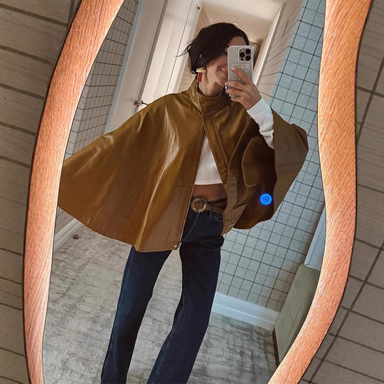 Damen Cape-Ärmige Lederjacke mit Stehkragen Nord Taschen