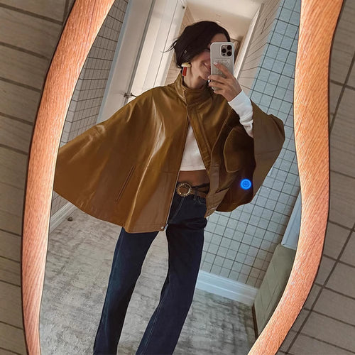Damen Cape-Ärmige Lederjacke mit Stehkragen Nord Taschen