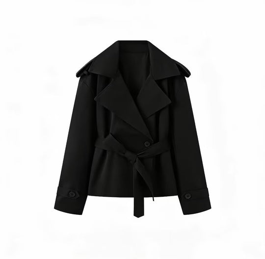 Damen Kurz geschnittener doppeltreihiger Trenchcoat mit Taillengürtel und Schulterklappen Nord Taschen