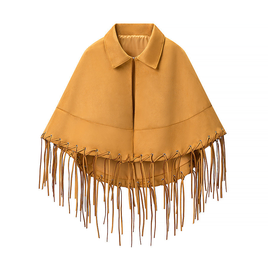 Damen Wildleder‑Optik Fransen‑Cape mit Hemdkragen und Ösenverzierung Nord Taschen