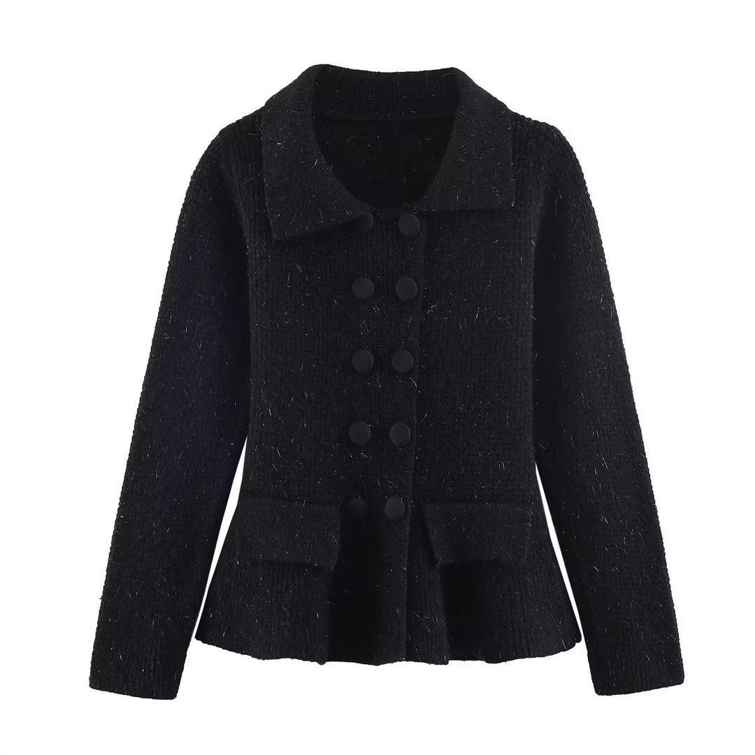 Damen Strukturierte Strickjacke mit Doppelreiher, taillenbetontem Peplum und Pattentaschen Nord Taschen