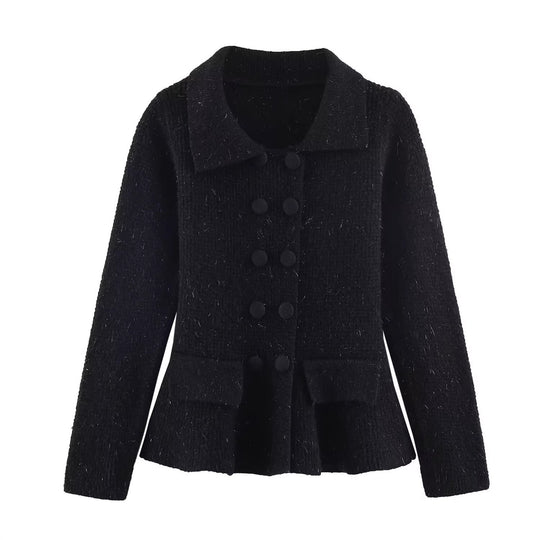 Damen Strukturierte Strickjacke mit Doppelreiher, taillenbetontem Peplum und Pattentaschen Nord Taschen