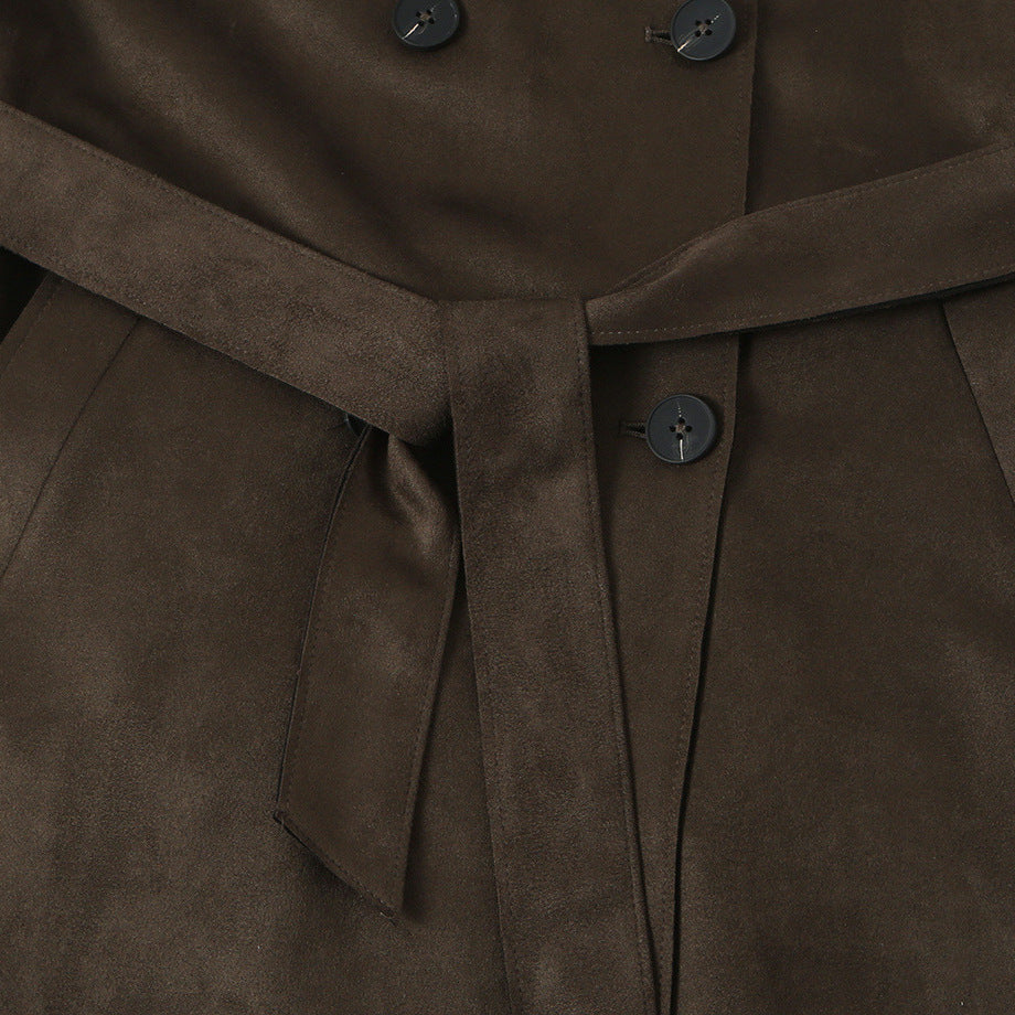 Damen Lang geschnittener Trenchcoat aus Velourslederoptik mit Bindegürtel Nord Taschen