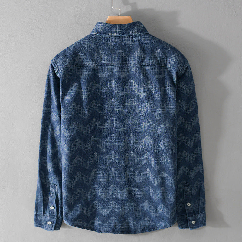Herren Indigo-Struktur-Overshirt aus gewaschenem Denim mit Zickzack-Jacquard, Kentkragen und Brusttasche Nord Taschen