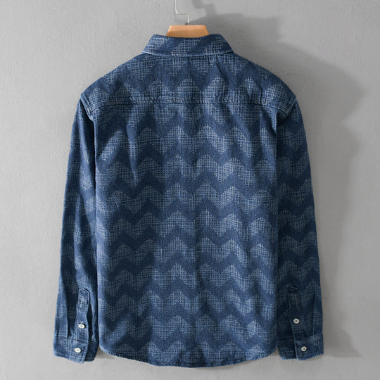 Herren Indigo-Struktur-Overshirt aus gewaschenem Denim mit Zickzack-Jacquard, Kentkragen und Brusttasche Nord Taschen