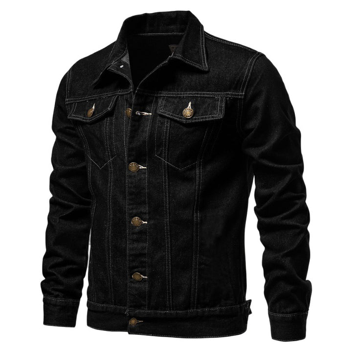Herren taillierte Jeansjacke mit Brusttaschen, durchgehender Knopfleiste und Kontrastnähten Nord Taschen