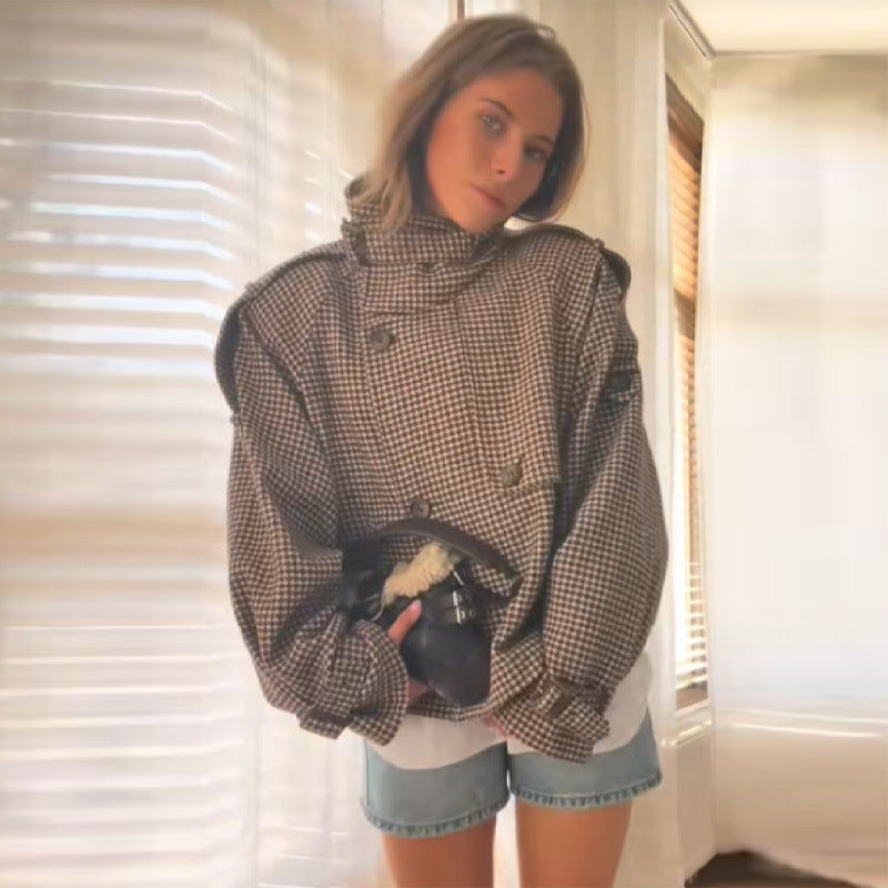 Damen Kurzer Hahnentritt-Wollmix-Mantel mit weitem Reverskragen Nord Taschen