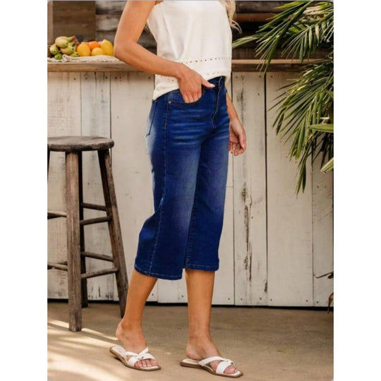 Damen Hochtaillierte Culotte-Jeans mit weitem Bein und Fünf-Taschen-Design Nord Taschen