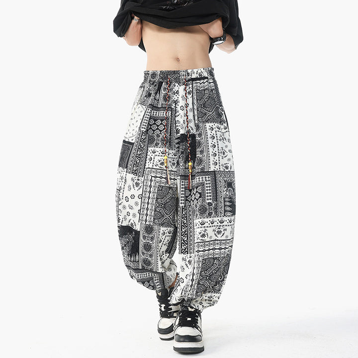 Damen lässige Pluderhose im Ethno-Print mit elastischem Bund, Kordelzug und gesmokten Bündchen Nord Taschen