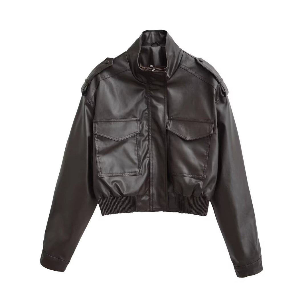 Damen Kurze PU-Leder-Bomberjacke mit hohem Stehkragen, Pattentaschen und Schulterklappen Nord Taschen