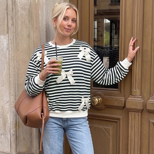 Damen Gestreifter Pullover mit Schleifendetails Nord Taschen