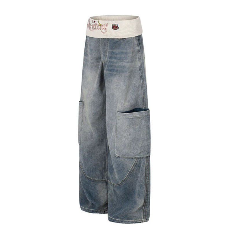 Damen Weite Denim-Palazzo-Cargo-Hose mit Komfort-Rippbund und aufgesetzten Taschen Nord Taschen