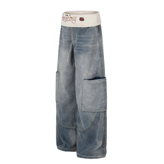 Damen Weite Denim-Palazzo-Cargo-Hose mit Komfort-Rippbund und aufgesetzten Taschen Nord Taschen