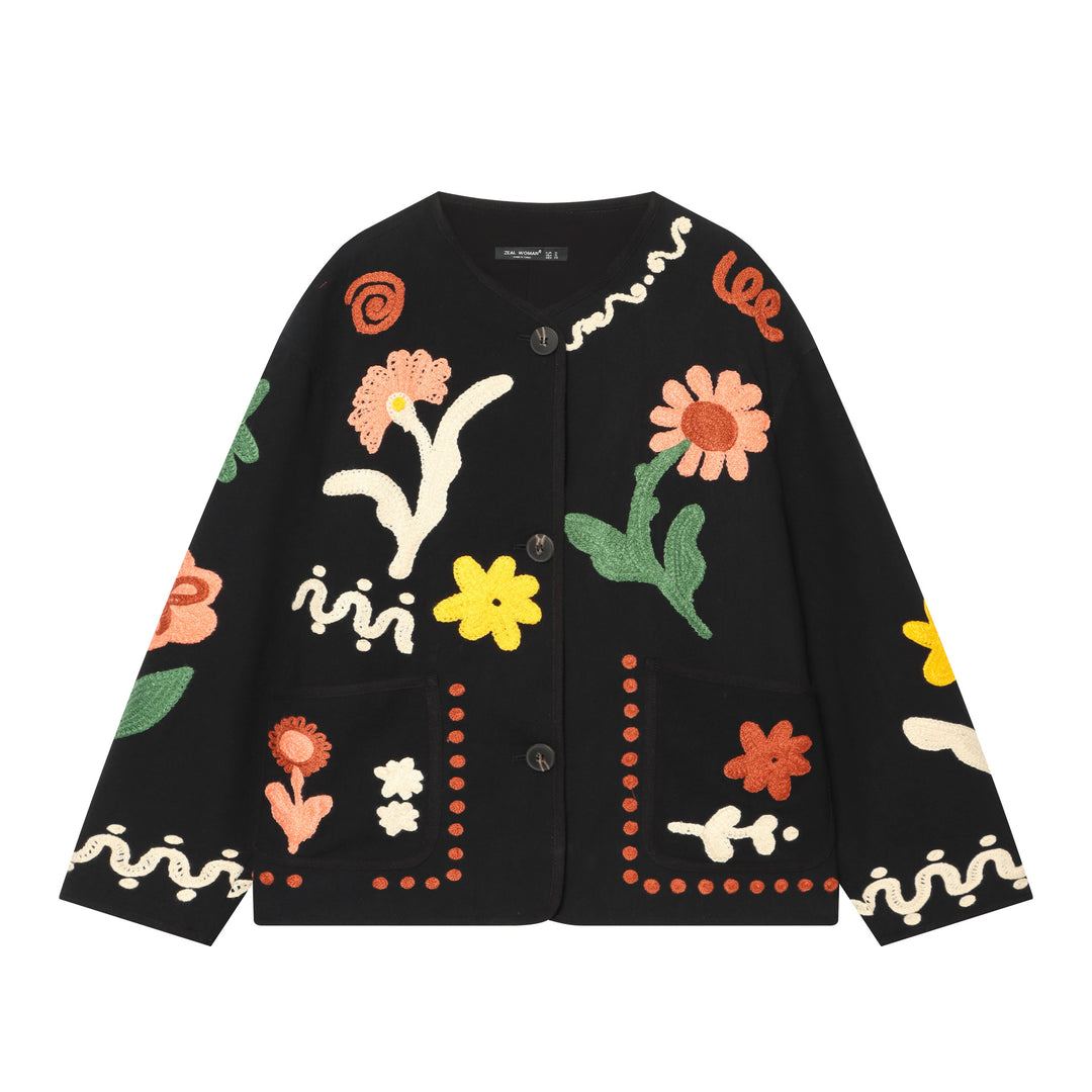 Damen Kurze Strickjacke mit floraler Chenille-Applikation Nord Taschen