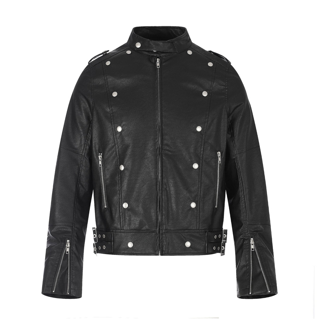 Herren Biker‑Lederjacke im Military‑Style mit Nieten, Stehkragen und Taillengürtel Nord Taschen