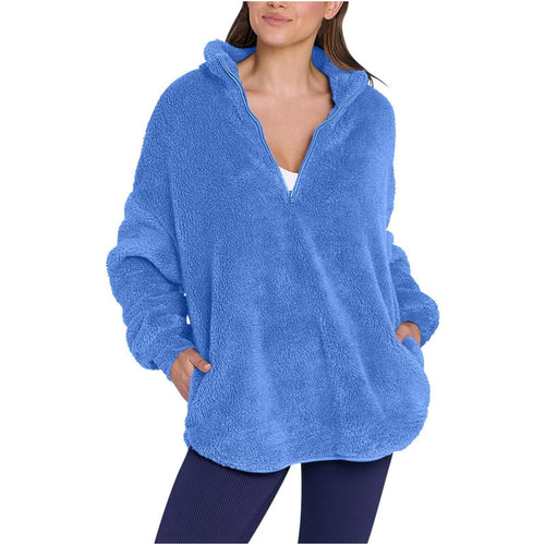 Damen Flauschiger Oversize-Sherpa-Pullover mit Halbzip und Kängurutaschen Nord Taschen