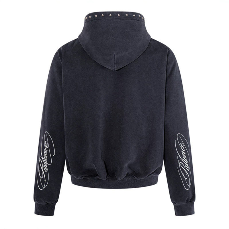 Herren Kurz geschnittene Zip‑Kapuzenjacke aus Velours mit Nietenbesetzter Kapuze Nord Taschen